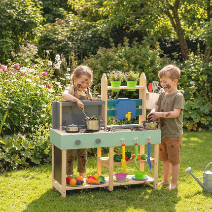 Mud Kitchen with Working Faucet, Kids Play Kitchen with Flower Pots, Kitchen Acc