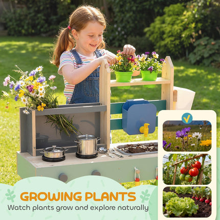 Mud Kitchen with Working Faucet, Kids Play Kitchen with Flower Pots, Kitchen Acc