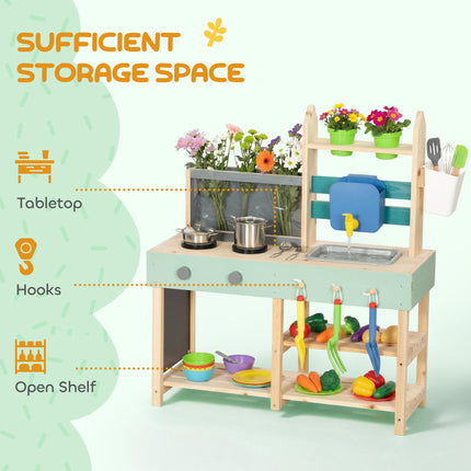 Mud Kitchen with Working Faucet, Kids Play Kitchen with Flower Pots, Kitchen Acc
