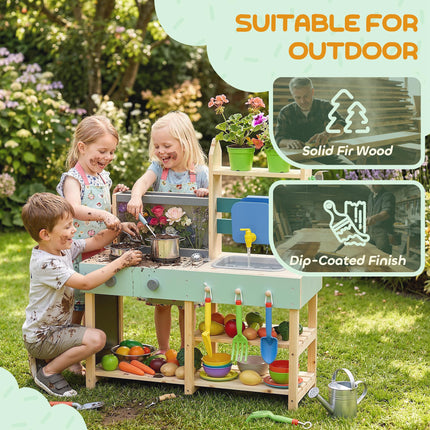 Mud Kitchen with Working Faucet, Kids Play Kitchen with Flower Pots, Kitchen Acc