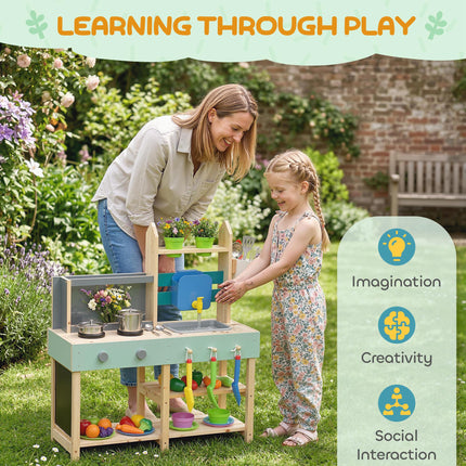 Mud Kitchen with Working Faucet, Kids Play Kitchen with Flower Pots, Kitchen Acc