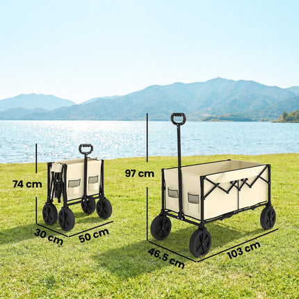 95L Foldable Festival Trolley on Wheels, Collapsible Wagon Cart with Adjustable Handle and 2 Cup Holders, Khaki