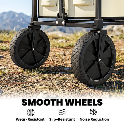 95L Foldable Festival Trolley on Wheels, Collapsible Wagon Cart with Adjustable Handle and 2 Cup Holders, Khaki