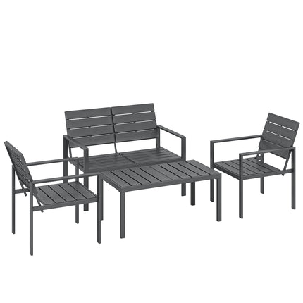 4 Piece Garden Furniture Set, Outdoor Sofa Set with HDPE Slatted Loveseat Armchairs Coffee Table Metal Frame, Dark Grey