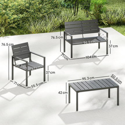 4 Piece Garden Furniture Set, Outdoor Sofa Set with HDPE Slatted Loveseat Armchairs Coffee Table Metal Frame, Dark Grey