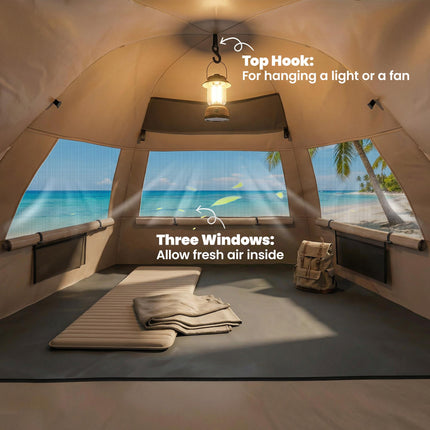 2-3 Person Pop Up Beach Tent, UPF15+ Sun Shelter with Extended Floor, Sandbags, Mesh Windows and Carry Bag, Brown