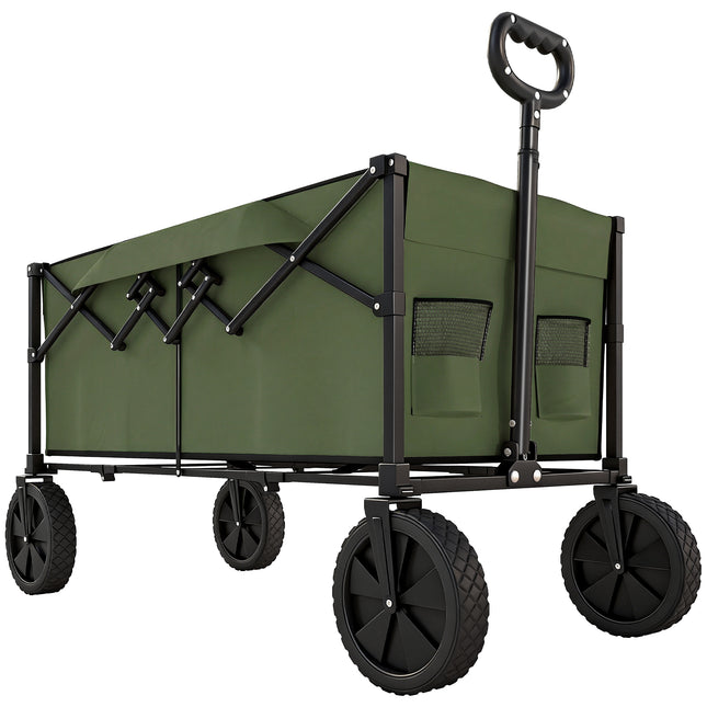 95L Foldable Festival Trolley on Wheels, Collapsible Wagon Cart with Adjustable Handle and 2 Cup Holders, Dark Green