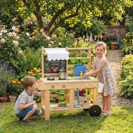 Mud Kitchen with Real Water Faucet Pretend Play Kitchen Playset with Sink and St
