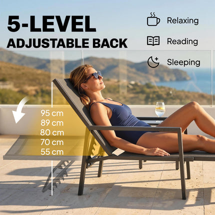 Sun Lounger Retracable Footrest 5-Position Adjustable Steel Frame for Beach, Porch, Patio, Camping, Dark Grey