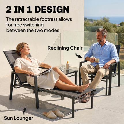 Sun Loungers Set of 2 Retractable Footrest 5-Position Adjustable Steel Frame for Beach, Porch, Patio, Camping, Black