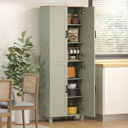 HOMCOM Freestanding Kitchen Cupboard, 4-Door Storage Cabinet with Adjustable Shelves, Modern Kitchen Pantry, 170cm, Green