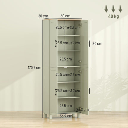 HOMCOM Freestanding Kitchen Cupboard, 4-Door Storage Cabinet with Adjustable Shelves, Modern Kitchen Pantry, 170cm, Green