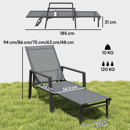 Sun Loungers Set of 2 Retractable Footrest 5-Position Adjustable Steel Frame for Beach, Porch, Patio, Camping, Dark Grey