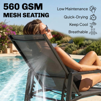 Sun Loungers Set of 2 Retractable Footrest 5-Position Adjustable Steel Frame for Beach, Porch, Patio, Camping, Dark Grey