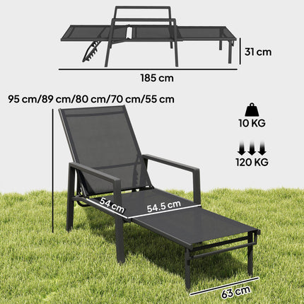 Sun Lounger Retractable Footrest 5-Position Adjustable Steel Frame for Beach, Porch, Patio, Camping, Black