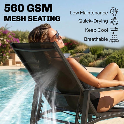 Sun Lounger Retractable Footrest 5-Position Adjustable Steel Frame for Beach, Porch, Patio, Camping, Black