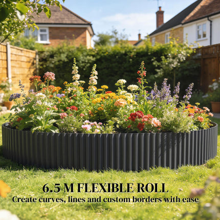 Metal Garden Edging Border, 8 in x 21.3 ft Corrugated Heavy Duty Galvanised Steel Lawn Edging, Dark Grey