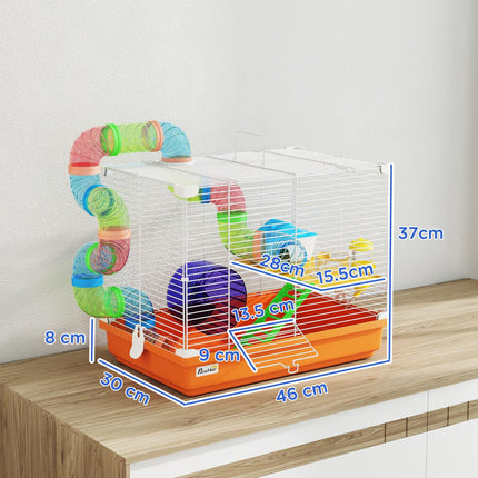 2 Tier Hamster Cage, Gerbil Cage with Handle, Exercise Wheels, Tunnel, Water Bottle, Dishes, Ladder, for Dwarf