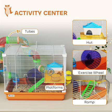 2 Tier Hamster Cage, Gerbil Cage with Handle, Exercise Wheels, Tunnel, Water Bottle, Dishes, Ladder, for Dwarf
