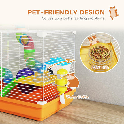 2 Tier Hamster Cage, Gerbil Cage with Handle, Exercise Wheels, Tunnel, Water Bottle, Dishes, Ladder, for Dwarf