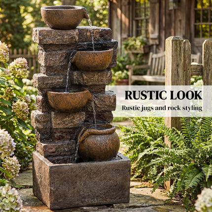 28" 5-Tier Outdoor Fountain, Cascading Waterfall Feature with LED Lights, Adjustable Flow, Rustic Brown