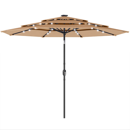 2.8 m Garden Parasol Umbrella with LED Solar Light, Parasol Cover, 3 Tier Outdoor Table Market Patio Umbrella, Khaki