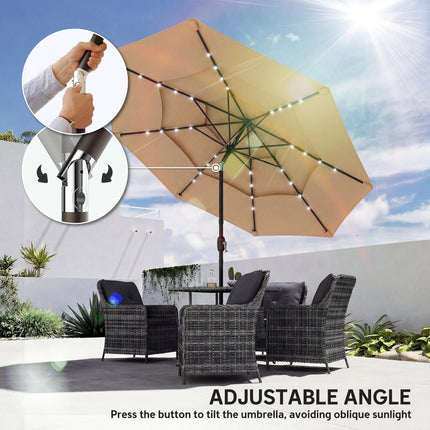 2.8 m Garden Parasol Umbrella with LED Solar Light, Parasol Cover, 3 Tier Outdoor Table Market Patio Umbrella, Khaki