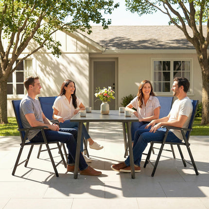 Folding Garden Chairs Set of 4, Foldable Garden Dining Chairs with High Back, Armrests, Texteline Seat, Navy Blue