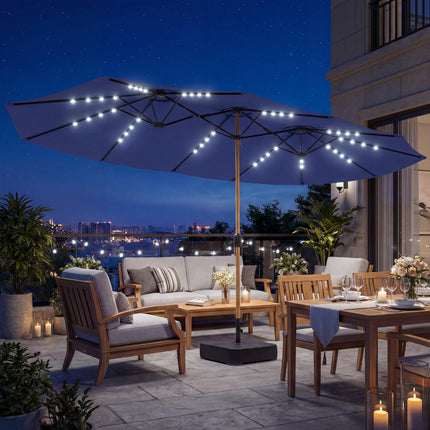 Double Sided Garden Parasol with Base Included & 48 Solar LED Lights Patio Umbrella Crank Handle 4.6m Dark Blue
