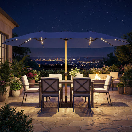 Double Sided Garden Parasol with Base Included & 48 Solar LED Lights Patio Umbrella Crank Handle 4.6m Dark Blue