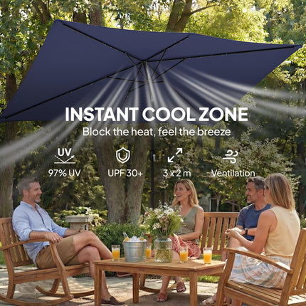 3 x 2 m Garden Parasol Umbrella with LED Solar Light, Parasol Cover, Outdoor Market Patio Umbrella, Navy Blue