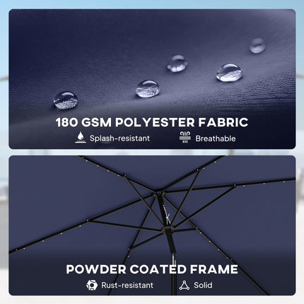 3 x 2 m Garden Parasol Umbrella with LED Solar Light, Parasol Cover, Outdoor Market Patio Umbrella, Navy Blue