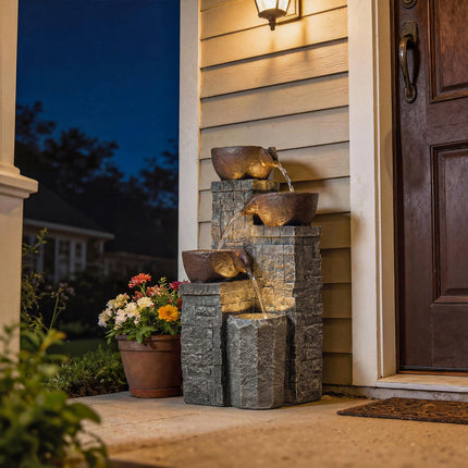 4-Tier Outdoor Fountain, Cascading Waterfall, Garden Fountain with LED Lights, Adjustable Flow, Grey and Rustic Brown