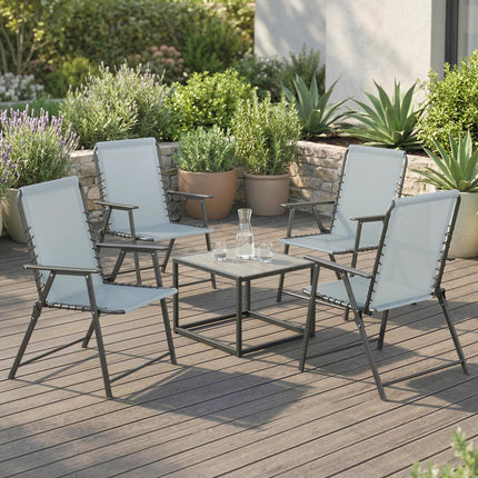 Folding Garden Chairs Set of 4, Outdoor Dining Chairs with Wide Texteline Seat, High Back and Armrests, Light Grey