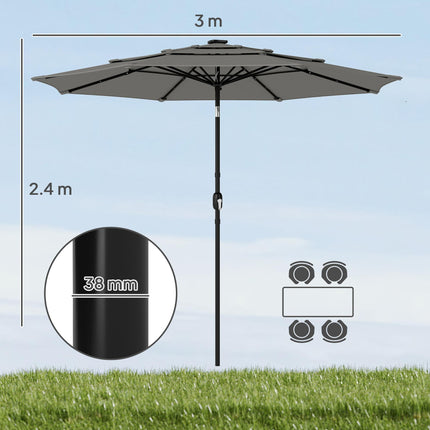 Garden Parasol, Parasol Umbrella with 3-tier Roof, Crank Handle, Tilt Function, Polyester Canopy, Grey