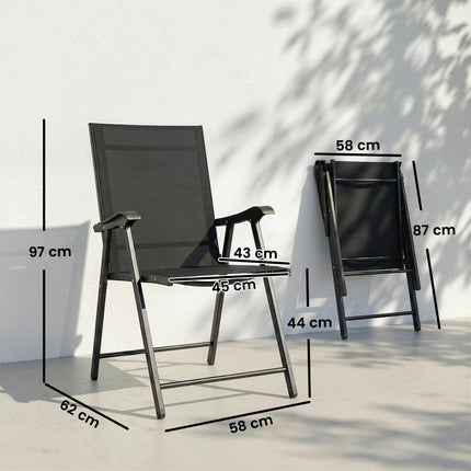 Folding Garden Chairs Set of 2, Foldable Garden Dining Chairs with High Back, Armrests, Texteline Seat, Black