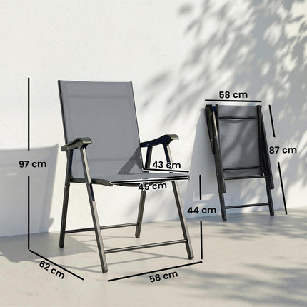 Folding Garden Chairs Set of 2, Foldable Garden Dining Chairs with High Back, Armrests, Texteline Seat, Light Grey