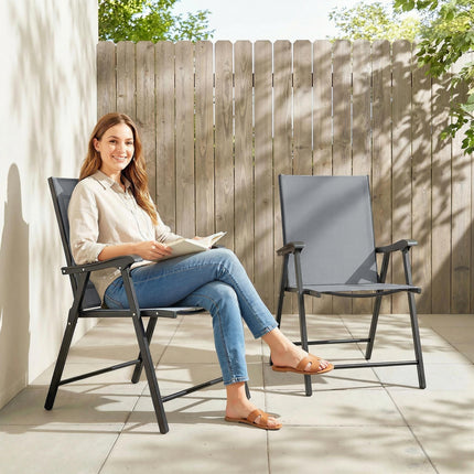 Folding Garden Chairs Set of 2, Foldable Garden Dining Chairs with High Back, Armrests, Texteline Seat, Light Grey