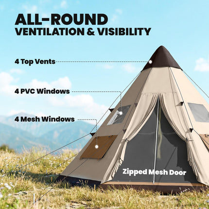 6 Men Tipi Tent with Carry Bag - Khaki