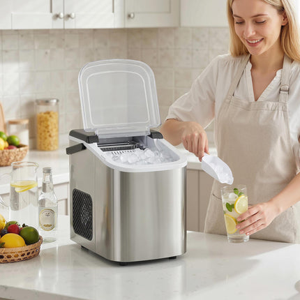 Ice Maker Machine Countertop, 9 Cubes Ready in 7 Mins, 12 KG in 24Hrs, 2 Sizes of Bullet, Self-Cleaning Ice Machine with Portable Handle, Scoop and Basket for Home Kitchen Office