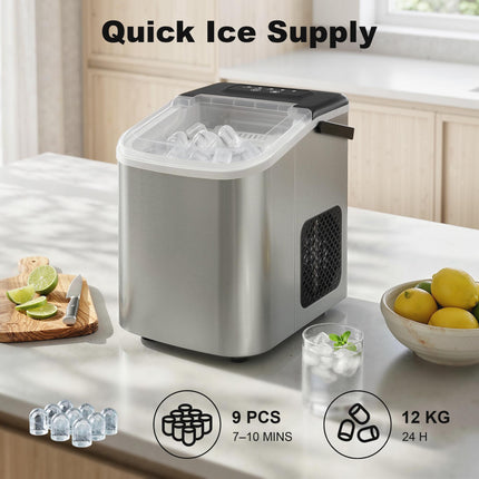 Ice Maker Machine Countertop, 9 Cubes Ready in 7 Mins, 12 KG in 24Hrs, 2 Sizes of Bullet, Self-Cleaning Ice Machine with Portable Handle, Scoop and Basket for Home Kitchen Office