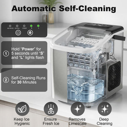 Ice Maker Machine Countertop, 9 Cubes Ready in 7 Mins, 12 KG in 24Hrs, 2 Sizes of Bullet, Self-Cleaning Ice Machine with Portable Handle, Scoop and Basket for Home Kitchen Office