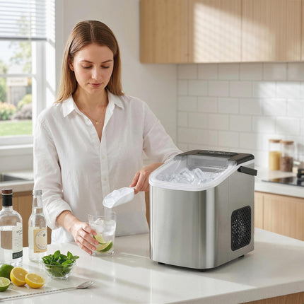Ice Maker Machine Countertop, 9 Cubes Ready in 7 Mins, 12 KG in 24Hrs, 2 Sizes of Bullet, Self-Cleaning Ice Machine with Portable Handle, Scoop and Basket for Home Kitchen Office