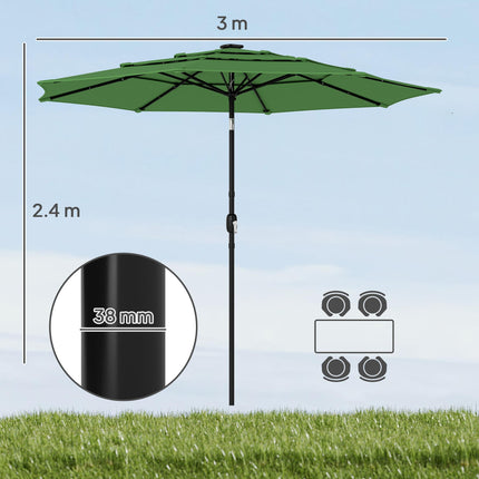 Garden Parasol, Parasol Umbrella with 3-tier Roof, Crank Handle, Tilt Function, Polyester Canopy, Green