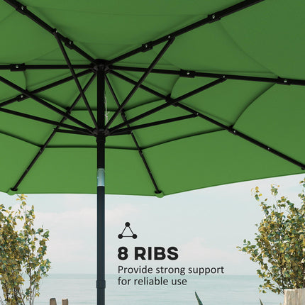 Garden Parasol, Parasol Umbrella with 3-tier Roof, Crank Handle, Tilt Function, Polyester Canopy, Green