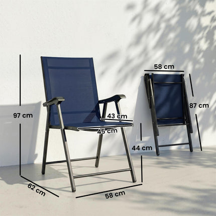 Folding Garden Chairs Set of 2, Foldable Garden Dining Chairs with High Back, Armrests, Texteline Seat, Navy Blue