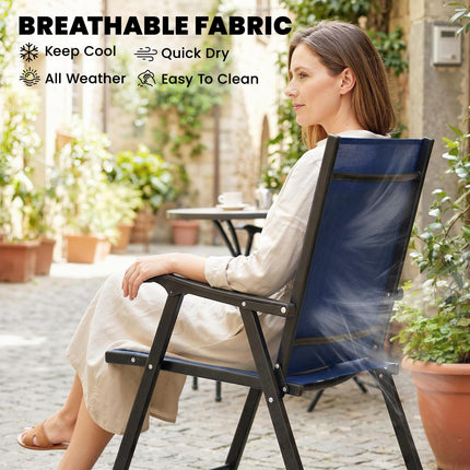 Folding Garden Chairs Set of 2, Foldable Garden Dining Chairs with High Back, Armrests, Texteline Seat, Navy Blue