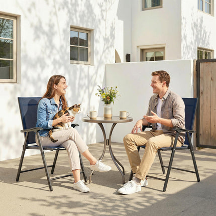 Folding Garden Chairs Set of 2, Foldable Garden Dining Chairs with High Back, Armrests, Texteline Seat, Navy Blue
