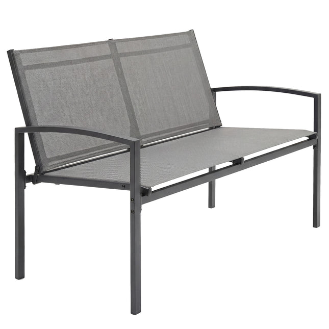 Metal Garden Bench, 2 Seater Outdoor Furniture Seating with Breathable Texteline Fabric, Park Patio Seat, Grey