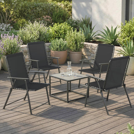 Folding Garden Chairs Set of 4, Outdoor Dining Chairs with Wide Texteline Seat, High Back and Armrests, Black